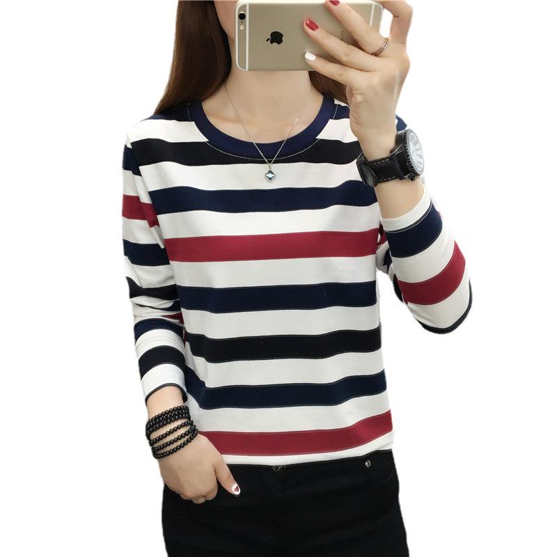 Women's Plus Size Striped Long Sleeve Cotton T-Shirt - Autumn Collection for Middle-Aged Moms