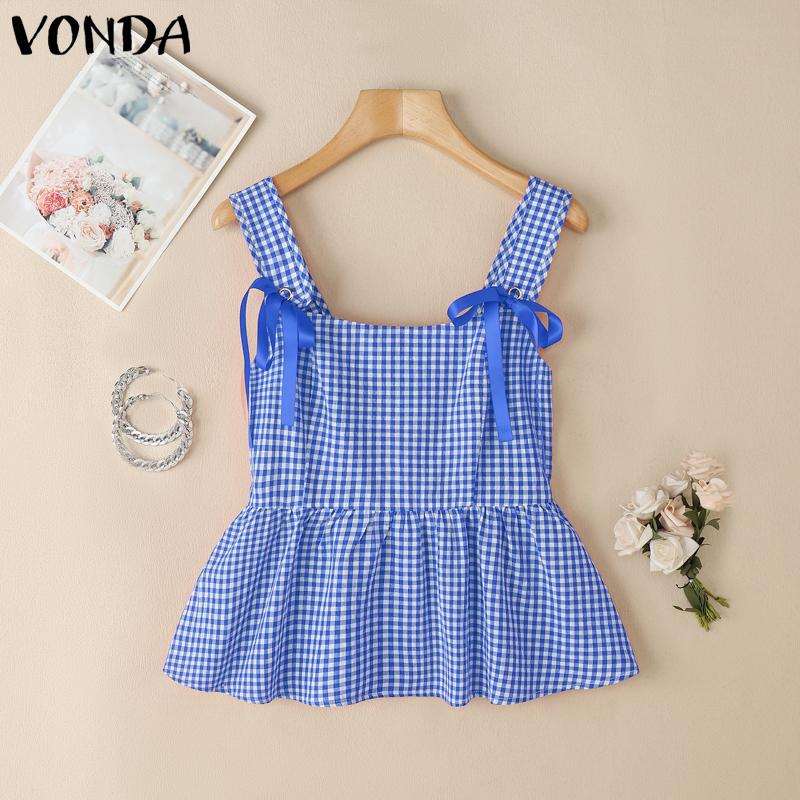 

VONDA Women Summer Strap Bow Knot Sleeveless Plaid Print Casual Tank Tops S красный