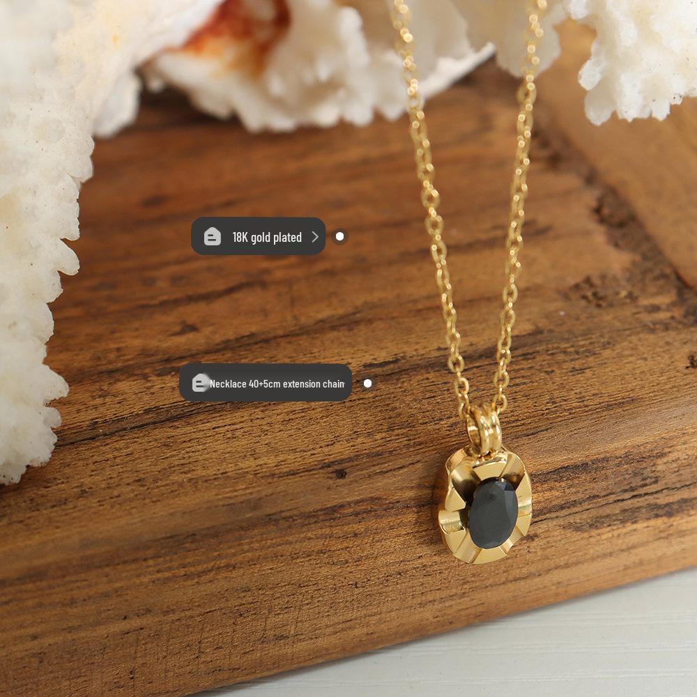 Elegant Black Zircon Oval Pendant Necklace - Gold-Plated Versatile Clavicle Chain for Women