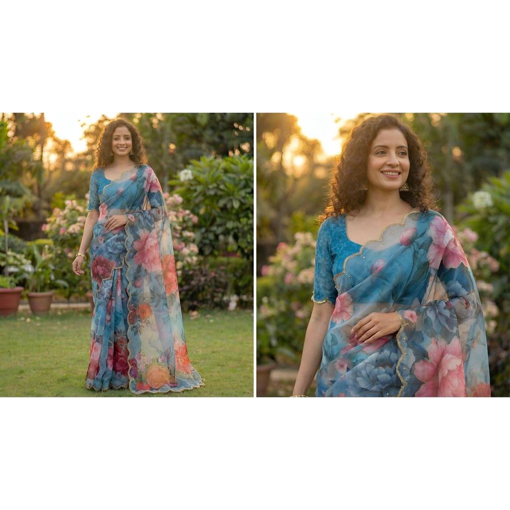 It has all over Digital print with  *handwork (Khatli) work  Digital printed saree.