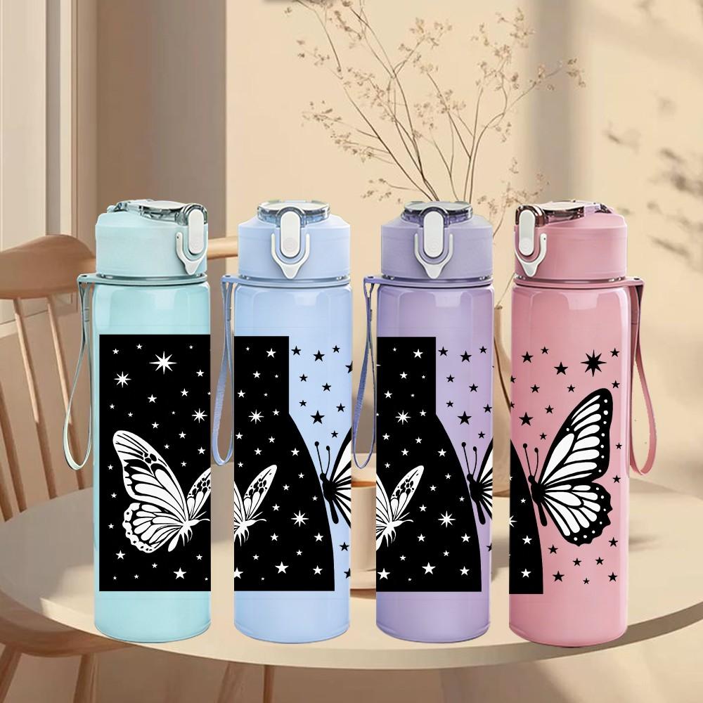 1PC Black White Butterfly Star Frame 750ml Color Plastic Sports Water Bottle Leakproof Flip Straw Lid For Sports Office Home Use