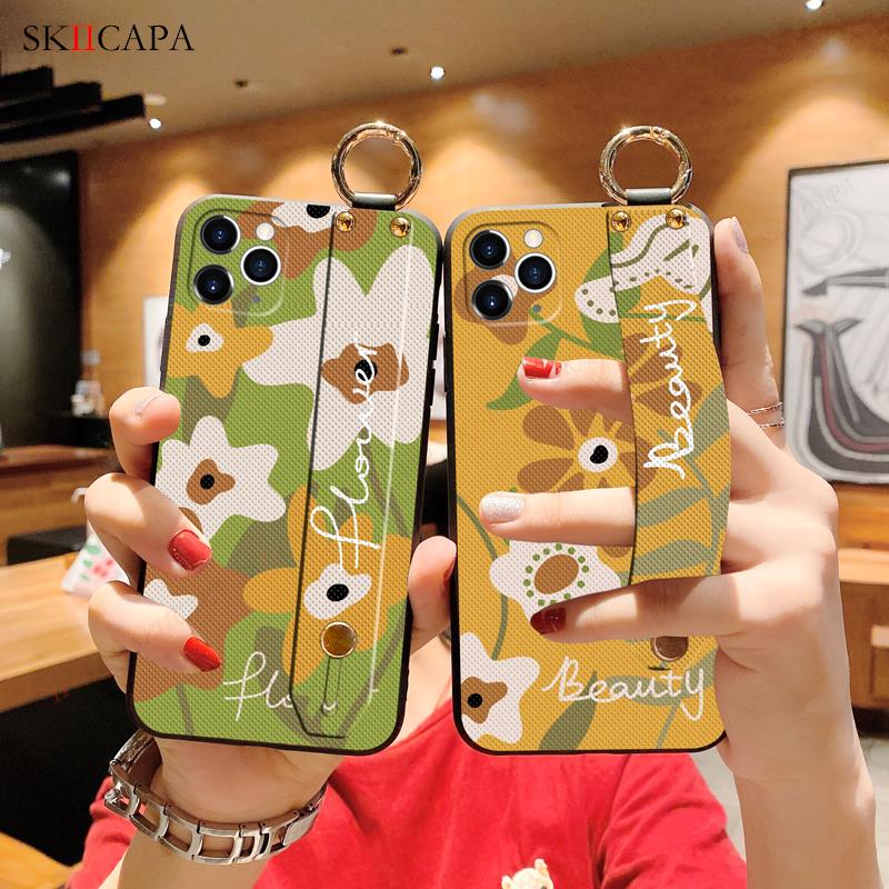 Vintage Flower Wrist Strap Case For Samsung M54 M14 M20 M53 M23 M33 Stand Holder Soft TPU Cover For Galaxy A54 A34 A24 A14 A04