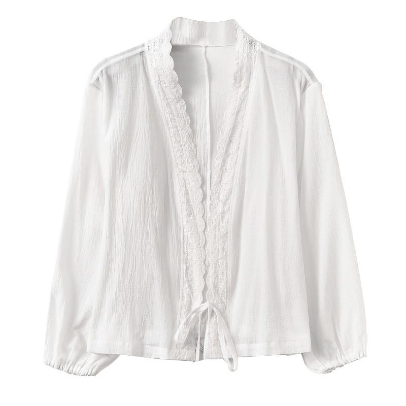 Johnature Damen-Sommerhemden, weiße Vintage-Baumwollblusen, Gürtel, lockere lässige Oberteile, V-Ausschnitt, lange Ärmel, Damen-Spitzenhemden