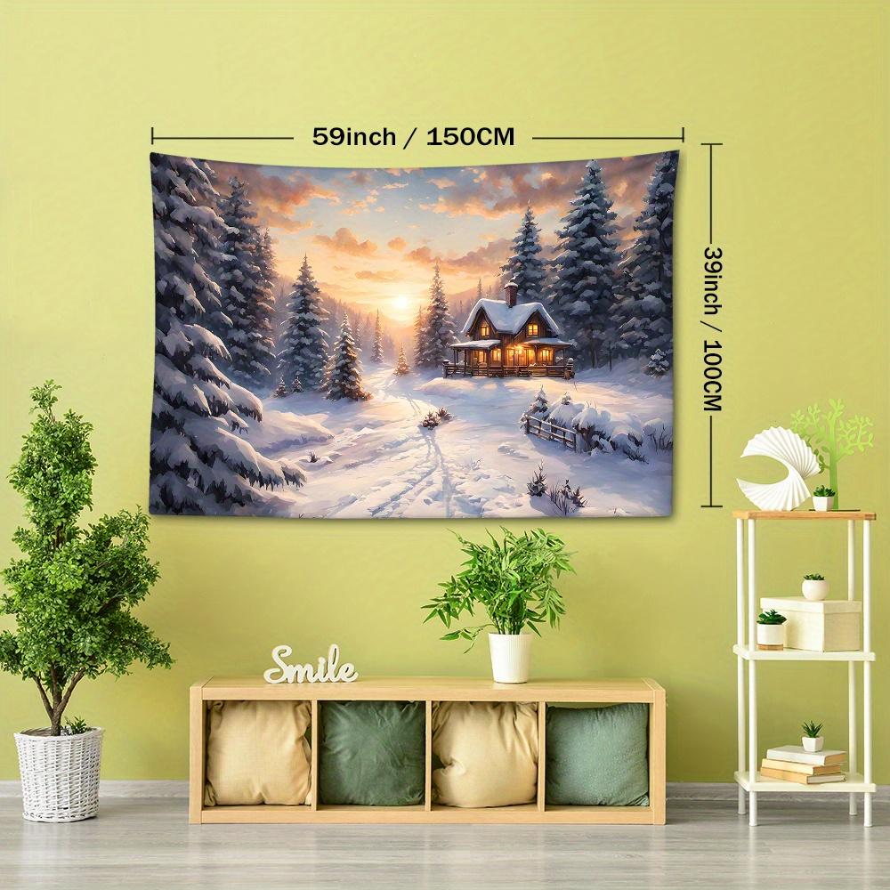 Christmas Snow Mountain & House Tapestry - Festive Wall Hanging for Living Room, Bedroom Decor | Durable Polyester, Easy Care | Multiple Sizes Availab