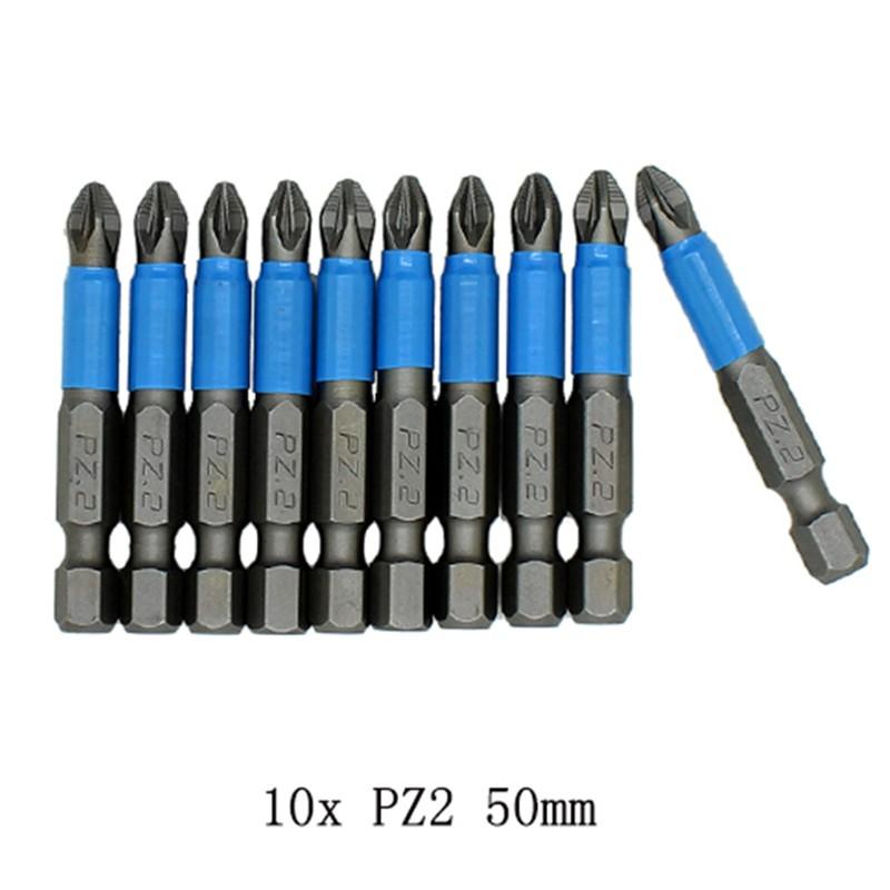 Magnetic Screwdriver Bits PH1/PH2/PH3/PZ1/PZ2/PZ3 Alloy Steel 10pcs 50mm