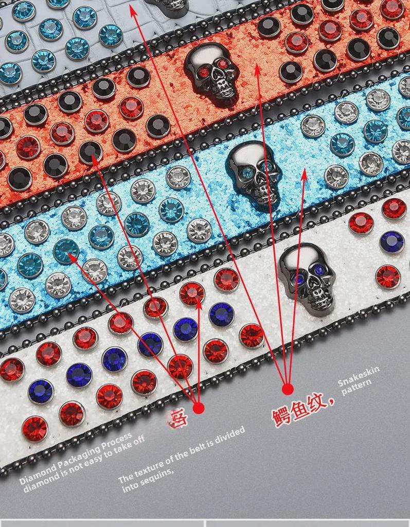 Curea de lux cu cataramă cu strasuri și craniu închis la culoare, cu paiete și diamante