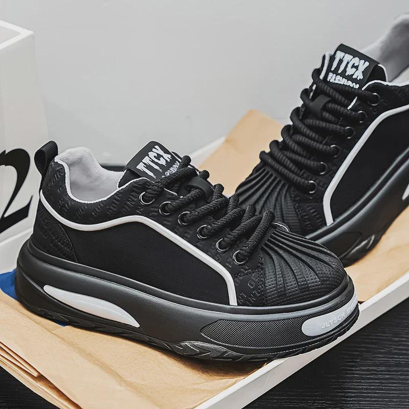 Schwarze Shell Toe Sneakers aus Leder für Herren – Dicke Sohle, trendige Herbst-Sportschuhe