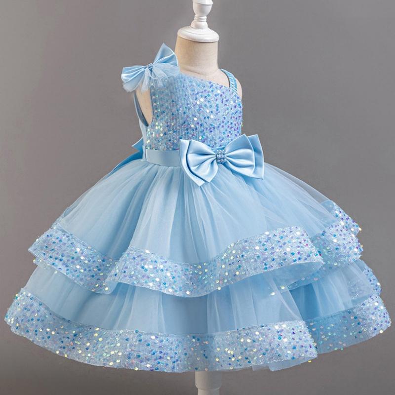 Girls Beaded Bow Tie Sequin Mesh Children's Sleeveless Evening Dress School Graduation Party Multi Layered Dress