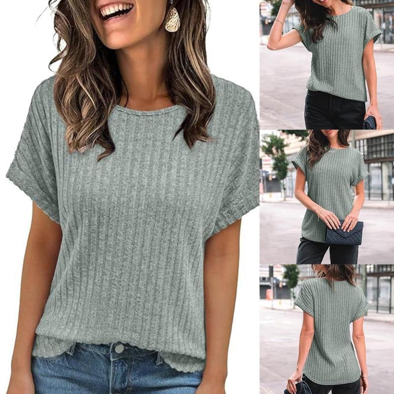 Women's 2025 Short Sleeve Crew Neck T Shirt Casual Loose Ribbed Knit Pullover Sweater Tops Summer Spring Outfits Gifts