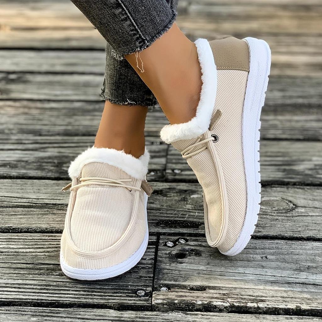 Ladies' Gray Loafers with White Fur Decorati - Comfortable Round Toe Flat Shoes, Comfortable Fabric Lining, Covering The Sole, Comfortable In Winter