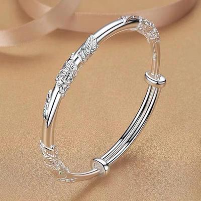 Floral Branch Push-Pull Silver-Plated Women's Bangle - Young Style Bracelet, Perfect Gift for Mom or Girlfriend