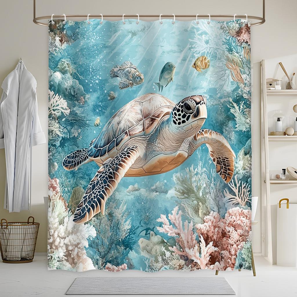 Fashion Sea Turtle Shower Curtain - Coral Reef, Vibrant Watercolor Style, Detailed Design,Polyester, Machine Washable