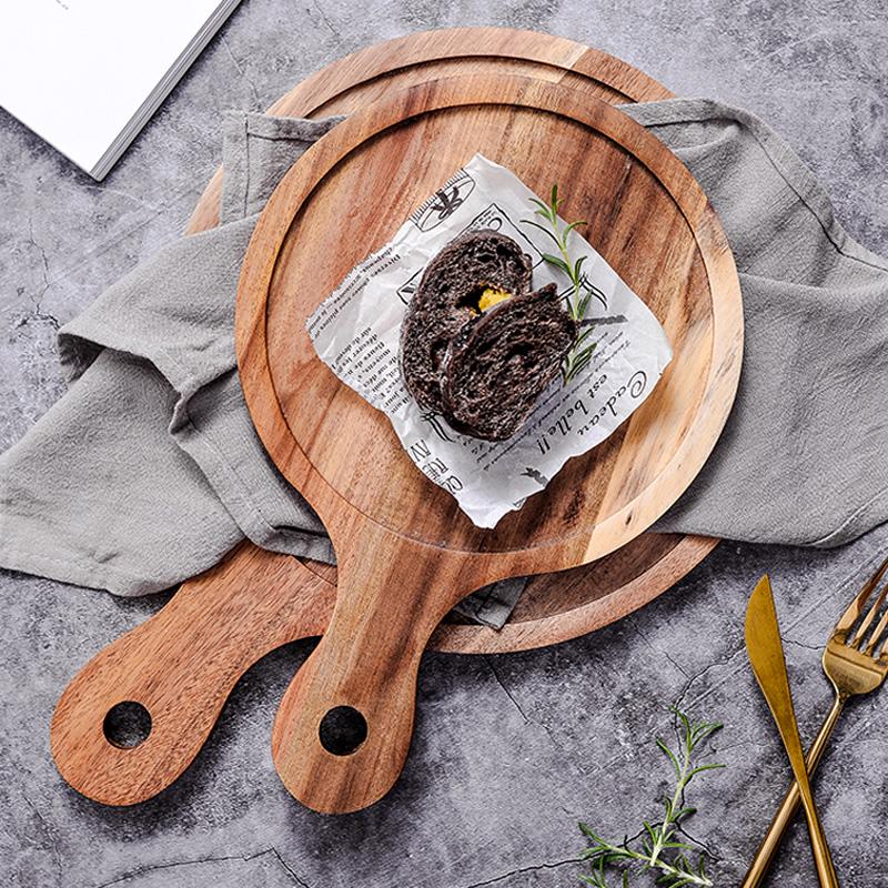 Wood Slate Plate Steak Dinner Plate Wooden Plate Dessert Pizza Food Serving Tray with Handle Restaurant Kitchen Dishes Tableware