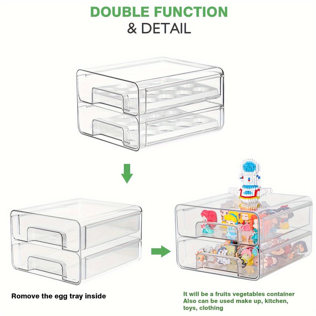 1pc Large Capacity Egg Holder for Refrigerator - Clear Double Layer Drawer Type  Box with Removable Egg Tray and Drain Tray