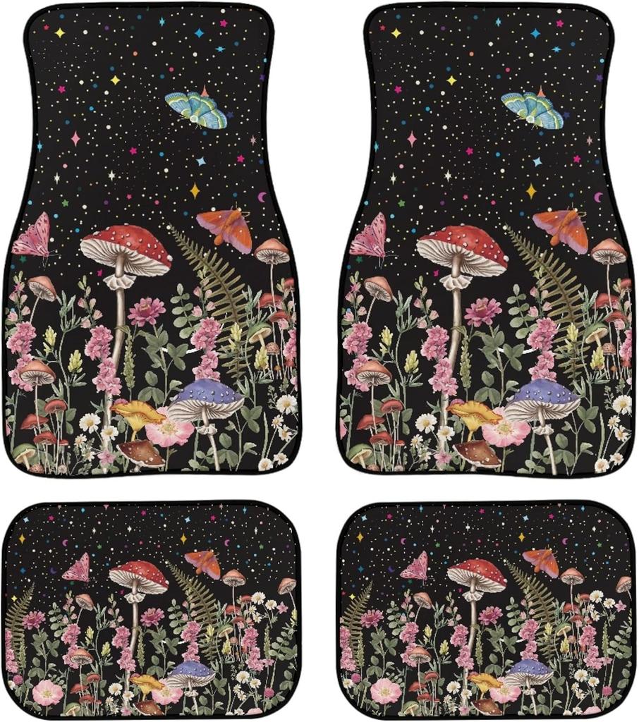 Universal Fit Auto Carpet Floor Mats Set of 4 for Women Girls Decorative Boho Floral Print Car Floor Mats Front & Rear Liners Set