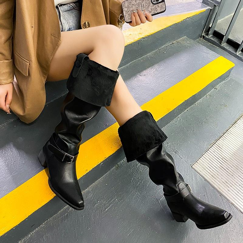 Fashion High Boots Women's Pointed Toe Sleeve Metal Buckle Block Heel Anti-Slip Wear-Resistant Pleated Stack Boots