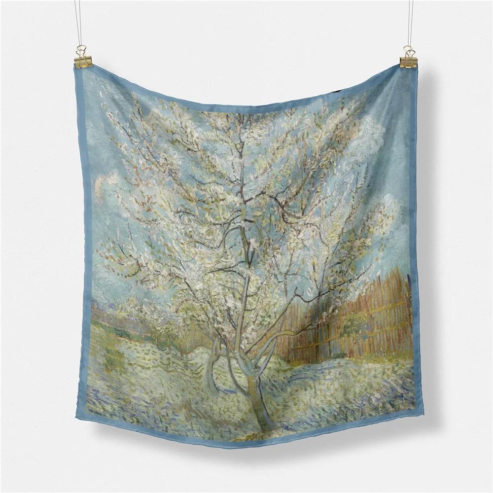 Van Gogh Oil Painting Silk Scarf Fashion Women 53cm Square Scarves Bandana Head Scarf Neck Tie Band Professional Neckerchief