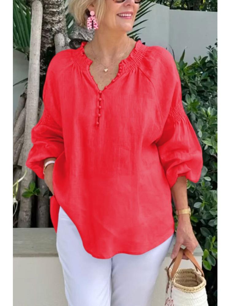 Women’s Polo-neck V-neck Plain Cotton-linen Long-sleeved Casual Top