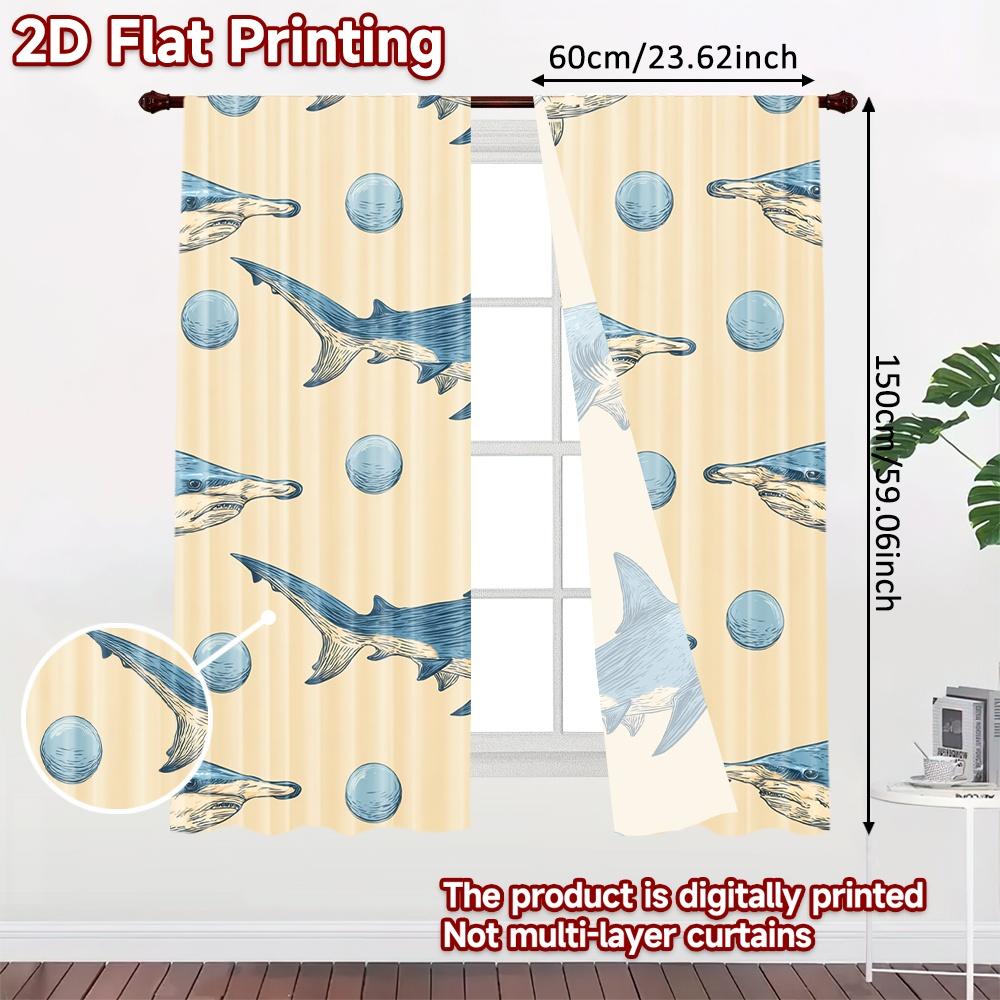 2D FLAT PRINTING 2pcs Curtains (Without Rod) Funny Shark Illustration Holiday April Fools is Day Printed Curtains Versatile