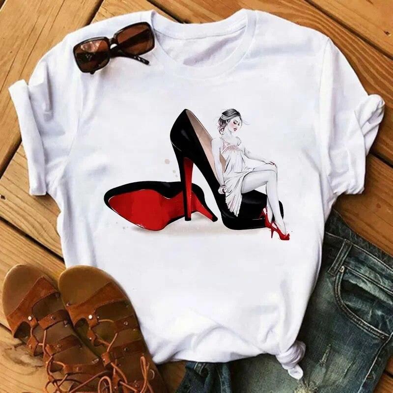 Maycaur Pinke High Heels Blumen Taschendruck T-Shirt Damen Trendy Hipster Harajuk Kawaii Kurzarm Oberteile T-Shirt Femme Kleidung Unisex