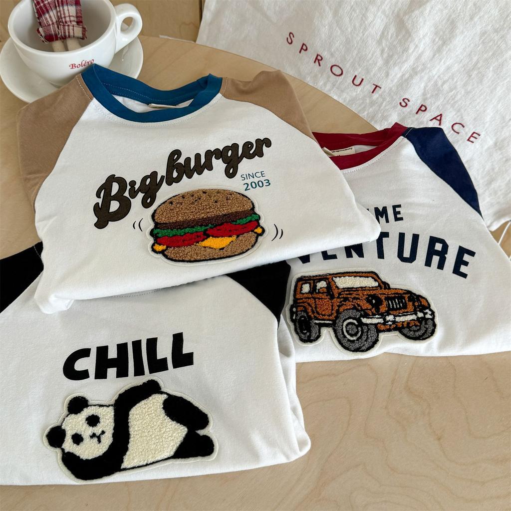 Boys Long Sleeve Cotton T Shirt with Cartoon Embroidery for Spring Autumn Comfortable Top