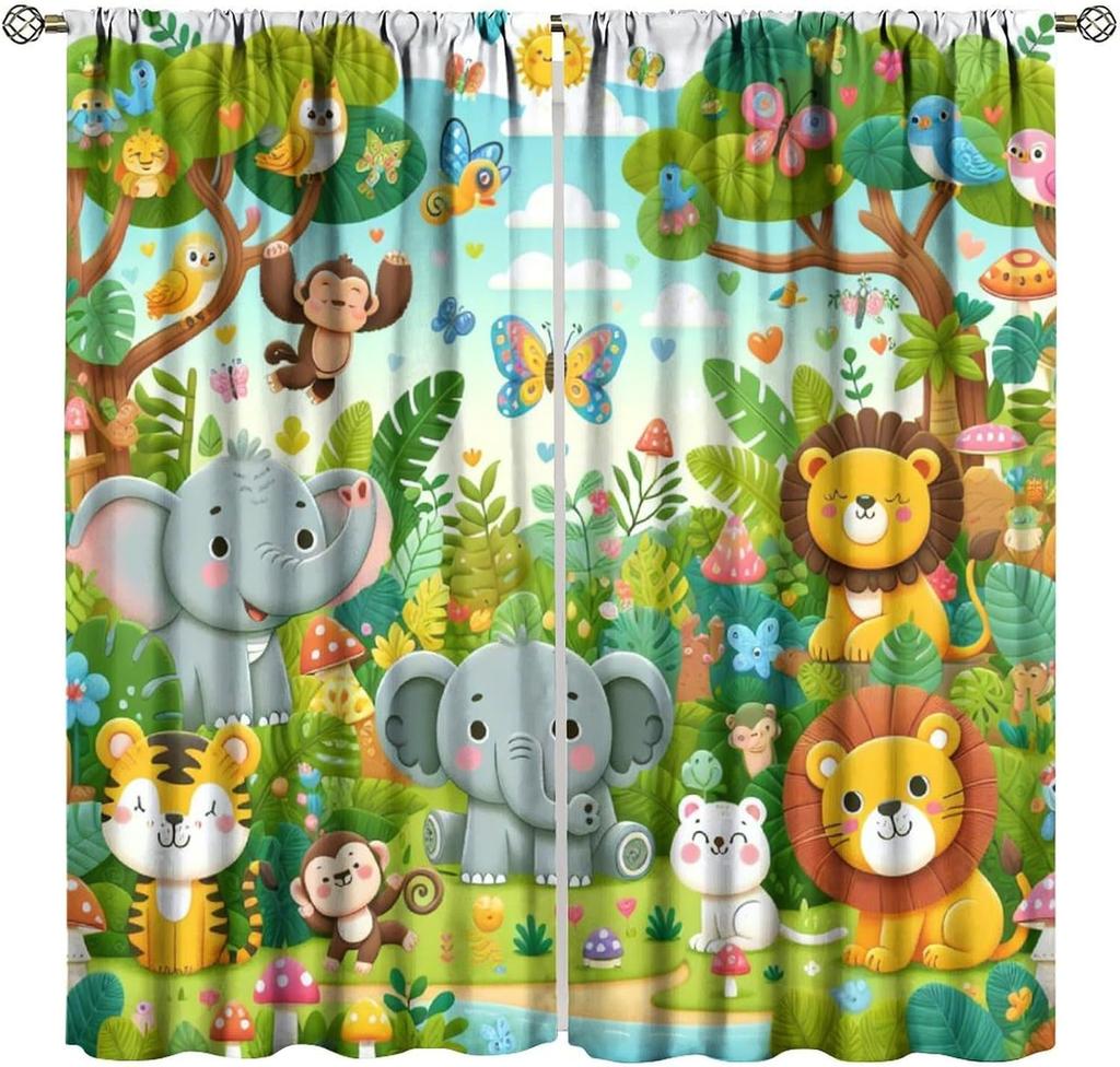 Animals Window Curtain Cartoon Jungle Forest Elephant Lion Print Curta For Kids Boys Girls Nursery Baby Bedroom Playroom Home