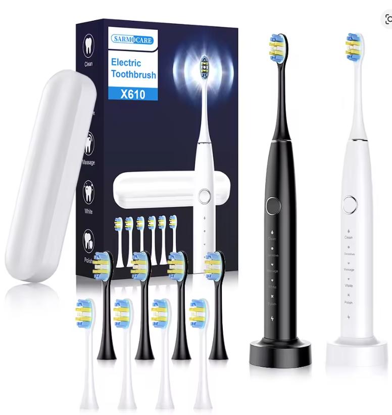 Sarmocare Electric Sonic Toothbrush with 6 Pcs Replacement Heads Rechargeable Waterproof Oral Care Electronic Tooth Brushes