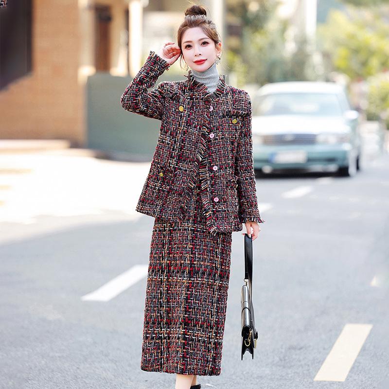 

Chic Winter Plaid Jacket & Skirt Cotton Set HM2872 M 90-105 jin