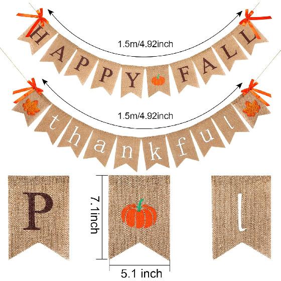 Blulu 2 Pcs Thankful Burlap Banner Happy Fall Thanksgiving Wall Banner for Mantle Pumpkin Maple Leaf Garland Rustic Thanksgiving Fireplace Decoration