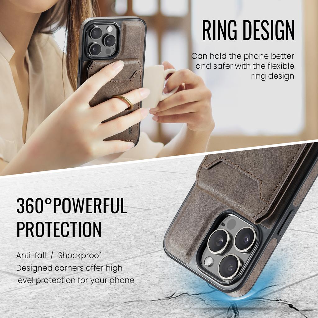 MAGKING K1 Series For iPhone 15 Pro Magnetic Case PC+TPU+PU Phone Cover with Card Holder Kickstand