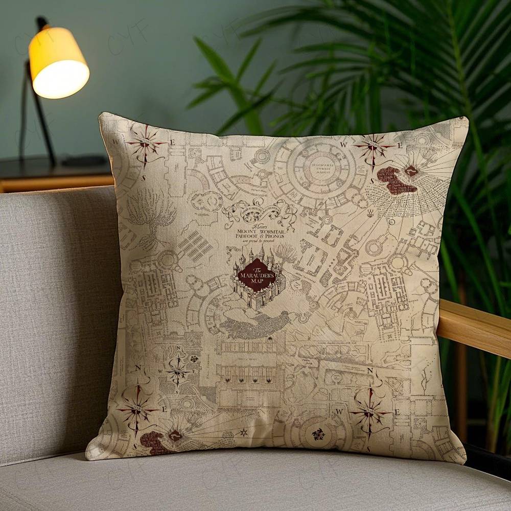 Magic Marauders Map Harny Potter Pillow Case Anti-Dustmite Pillowcase Invisible Zipper Silky Short Plush Sofa Cushion Cover