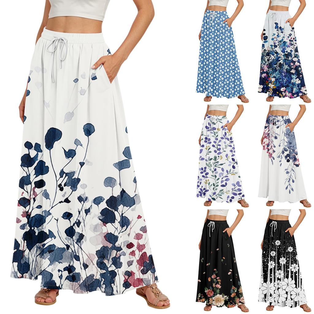 Women's Flowy Flared Ruffle Hem A Line Maxi Skirts Elastic Waist Elegant Tiered Layer Boho Long Skirts