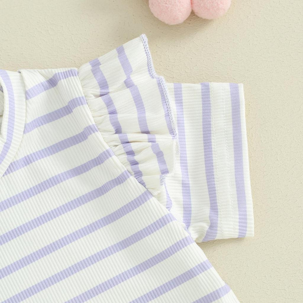 Little Girl 2 Piece Summer Set 6 12 18 24 Months 3 4 Years Round Neck Short Sleeve Striped Tops + Elastic Waist Wave Hem Shorts Infant Toddler Outfits
