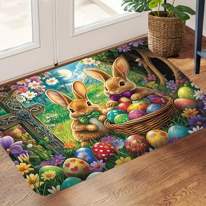 VIKAMA Forest Easter Rabbit Easter Egg Pattern Printed Door Mat For Holiday Decoration Home Entrance Door Mat Home Decor