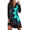 Women's Casual Printed Long Sleeve Dress Cutout Round Neck Loose Beach Short  Sun Dress