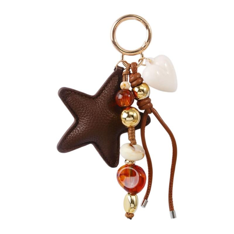 Bag Charm Keychain With Star Pendant Beaded Cord and Gold Tone Detail for Keys Daily Bags Purse Decoration and Daily Carry Styling Use