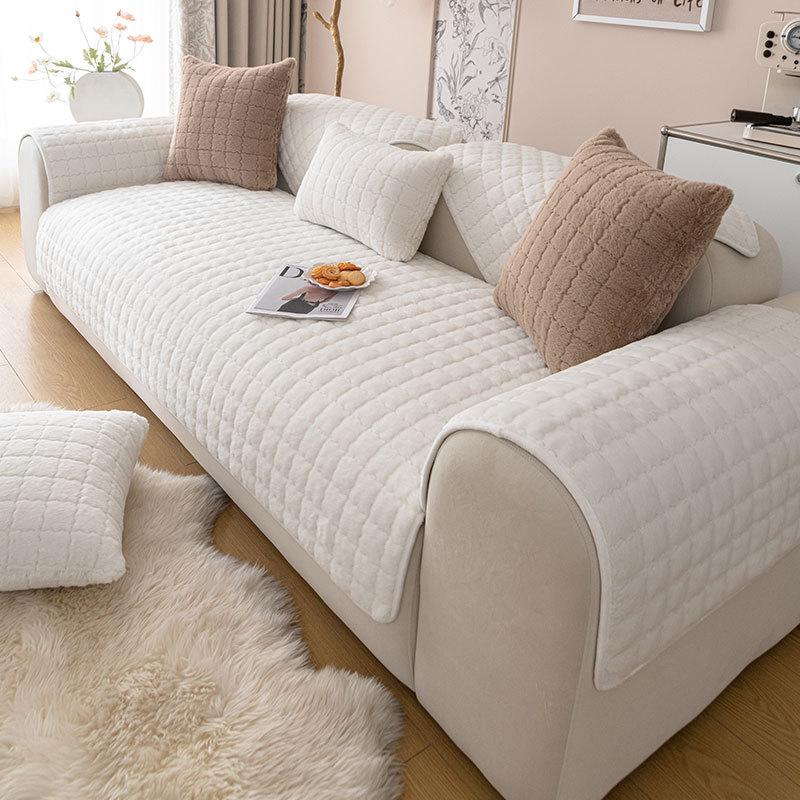 Kanin Plysj Sofatrekk Tykkere Sklisikkert Sofatrekk Ensfarvet Rutete for Stue Slipcover Varm Universal Sofapute