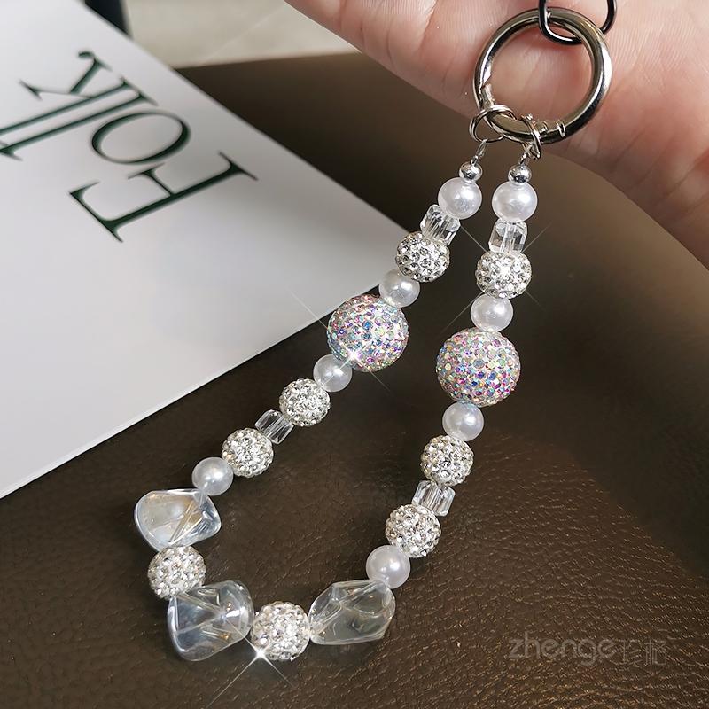 Pearl crystal mobile phone lanyard, short sparkling diamond bead bracelet, women's wrist anti lost hanging accessory
