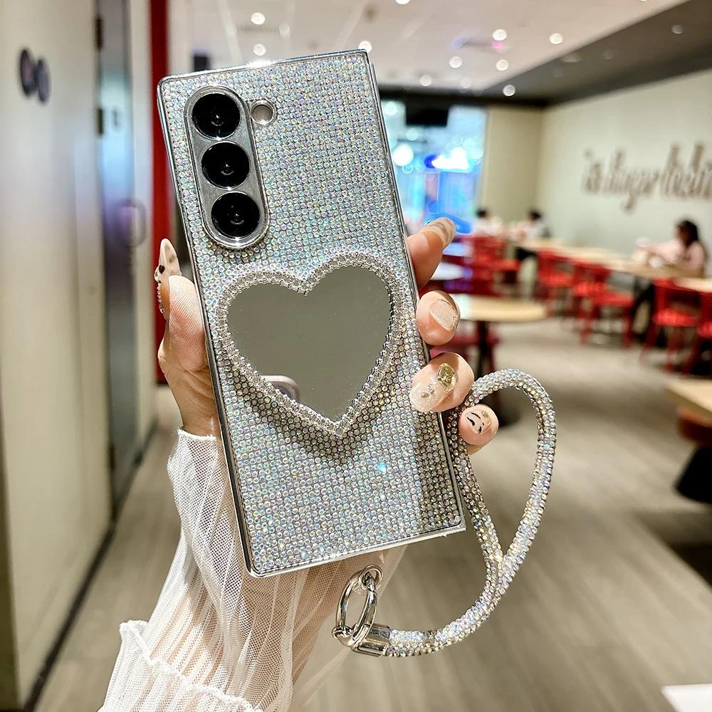 Luxuriöse Strass Hart PC Make-up Spiegel Handyhülle für Samsung Galaxy Z Fold 7 6 5 4 mit tragbarem Armband Stoßfeste Schutzhülle
