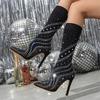Mode Eilyken Street Style Sexy Stretch-Stoff Kniehohe Damenstiefel Design Kristall Spitze Dünne Absätze Stripper Socke Lange Schuhe