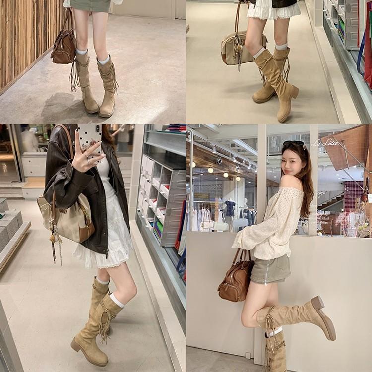 Egyptian style~ retro woven fringed stacking boots for women's new medium and long knight boots thick-soled thick-heeled high boots for women