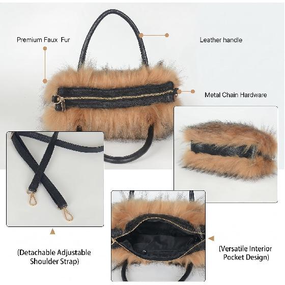 Women Furry Fur Purses Faux Fur Shoulder Handbags Fluffy Tote Bag | Black Plush Purse Brown Cute Fur Clutch Bag Red Grey Fashion Fuzzy Bag for Women