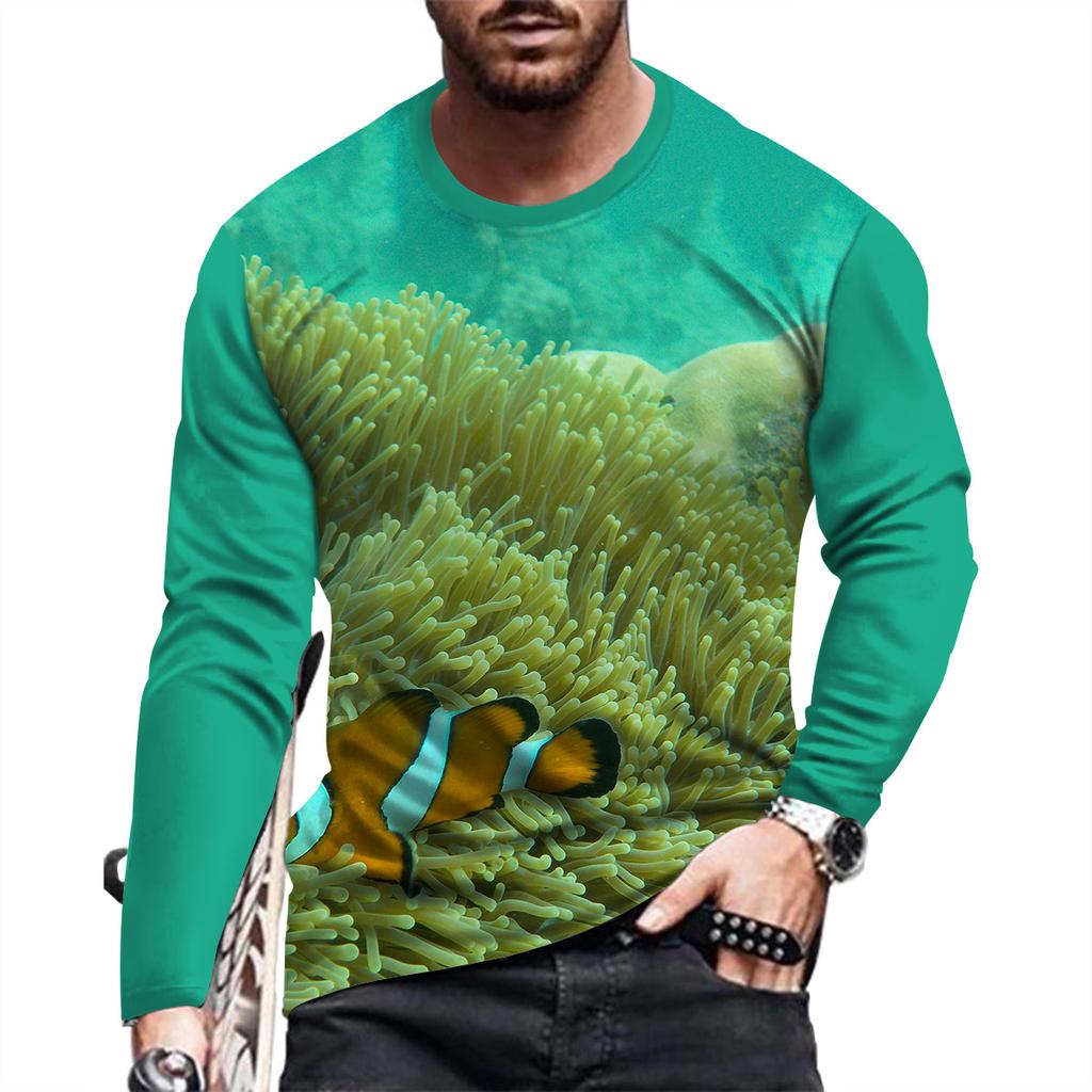 New Ocean Scenery Print Summer Men's Round Neck T-shirt Casual Long Sleeve Oversized T Shirt Fashion Pullover Trend Men Clothing