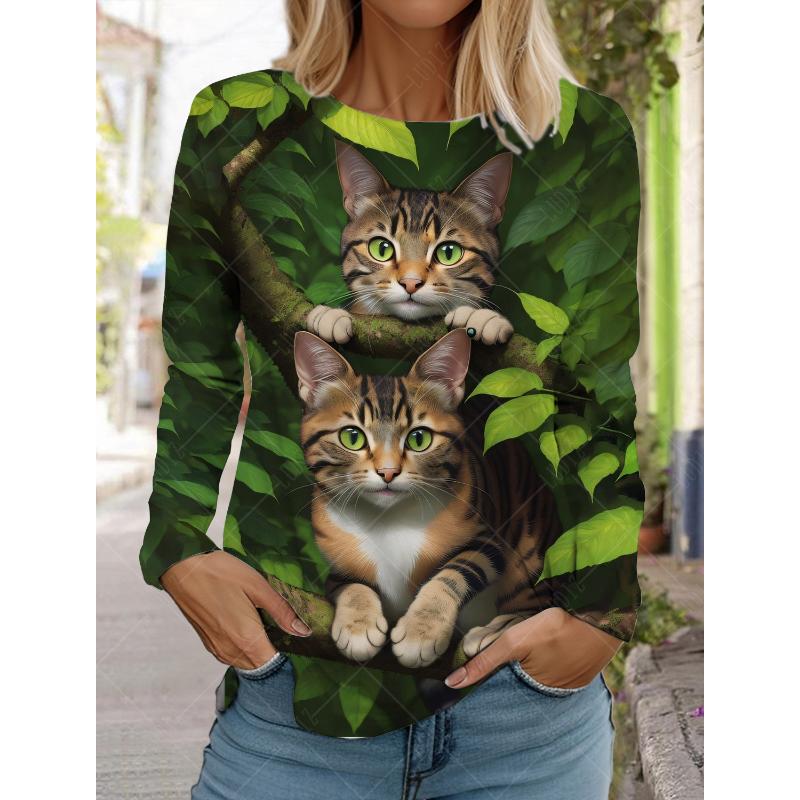 2024 Fashion Design Women's T shirts 3D Print Kawaii Cat Graphics Long Sleeve Crew Neck Regular Fit Spring/Fall Funny Sportwears