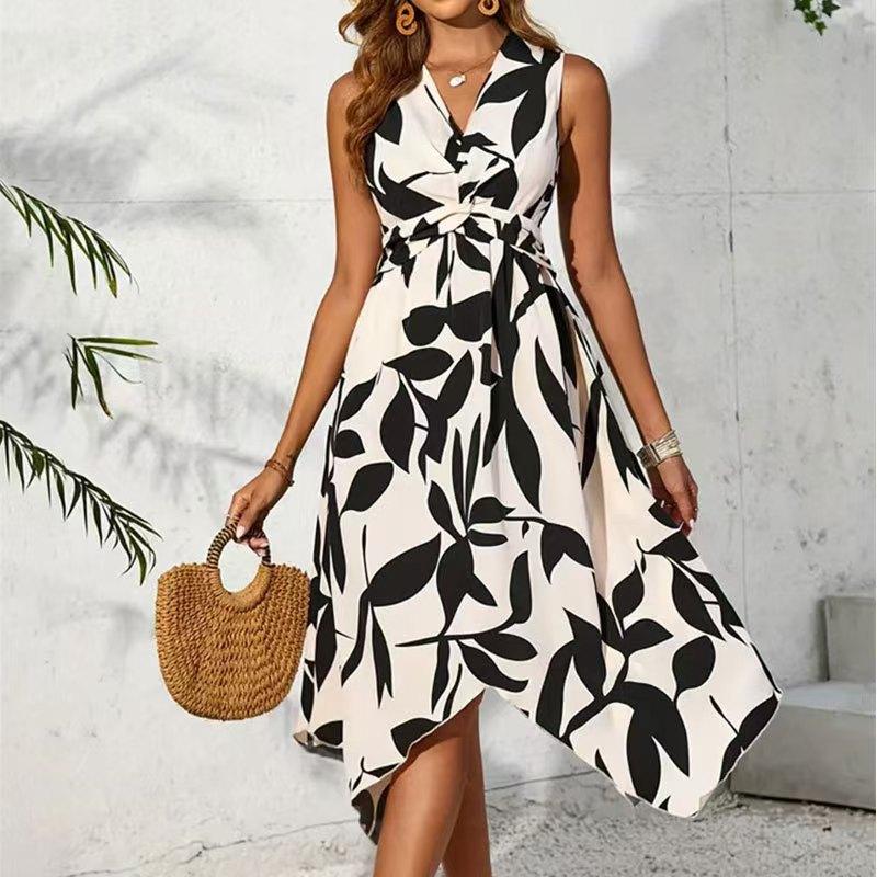 2026 new European and American women's clothing irregular kink dress spring and summer sleeveless printing waist fashion dress