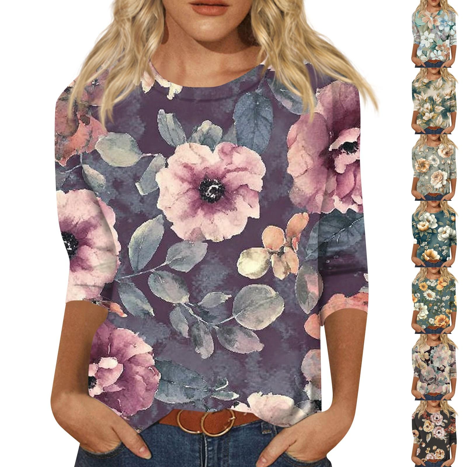 

Women s Fashion Casual Round Neck Three Quarter Sleeve Printed T-Shirt Top S бежевий