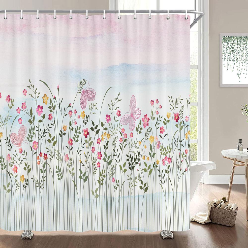 Eleganter Blumenvorhang 180x180cm Floral bedruckter Duschvorhang Polyester Badvorhang Badezimmerdeko Waschbar mit Haken