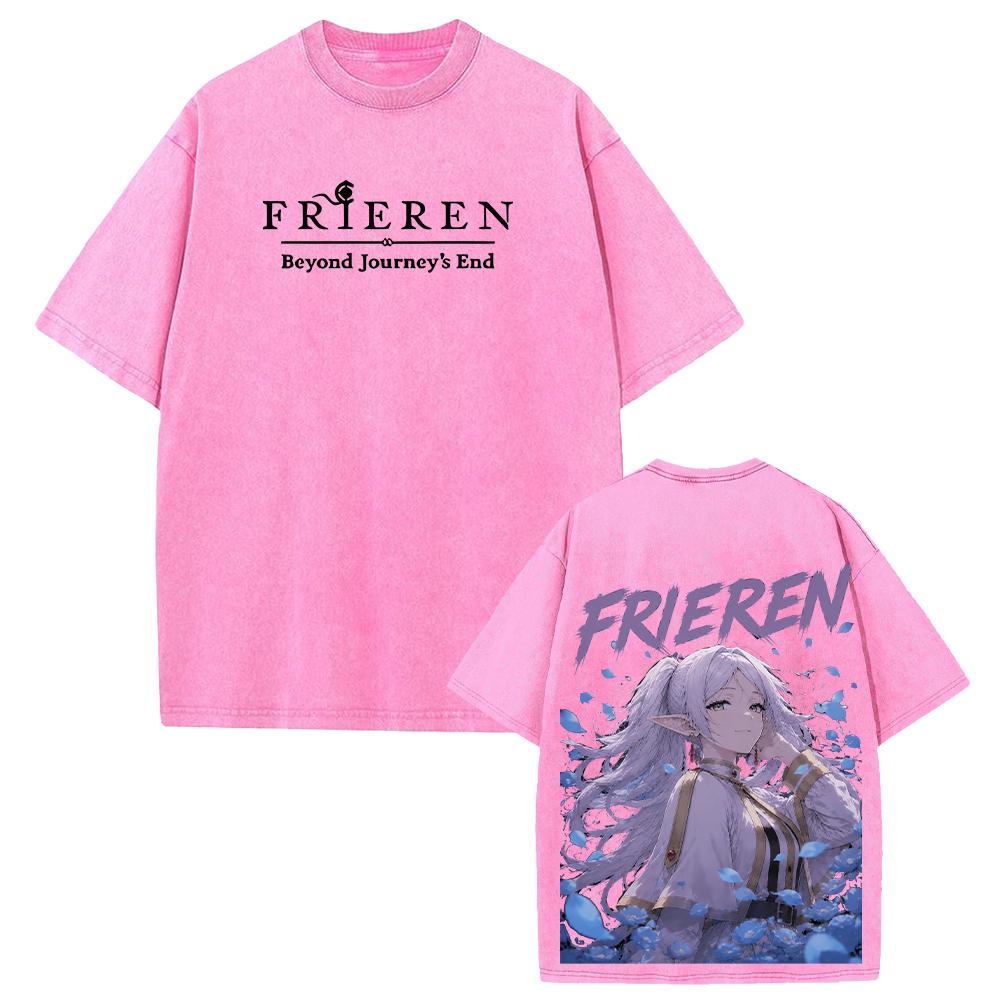 Anime Frieren T-shirt Harajuku Vintage Washed Tees Streetwear Men Women Clothing Short Sleeve Oversized 100% Cotton T Shirt