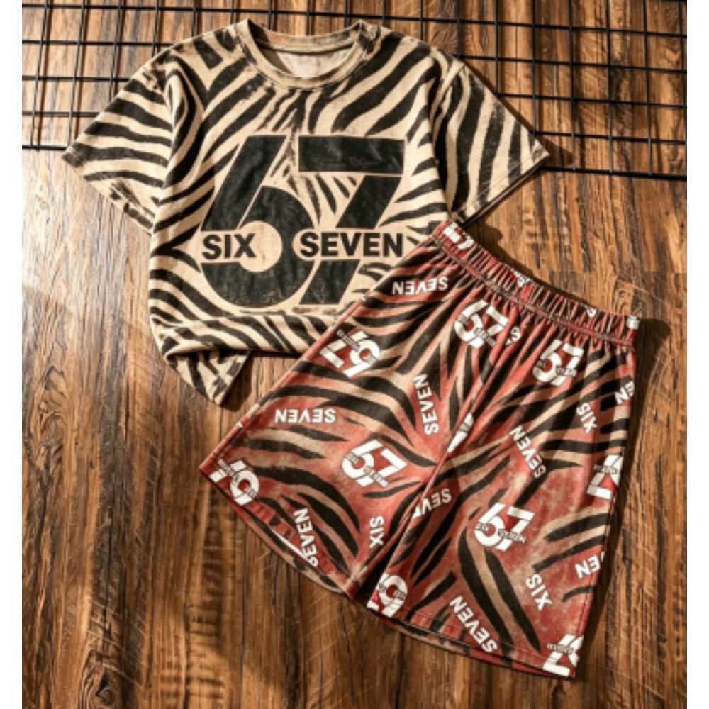 Fashion Letter 67 Number Printed Men's T-shirt and Shorts 2 Piece Set Summer Street Casual Outdoor Sports Men's and Women's T-shirt Sets