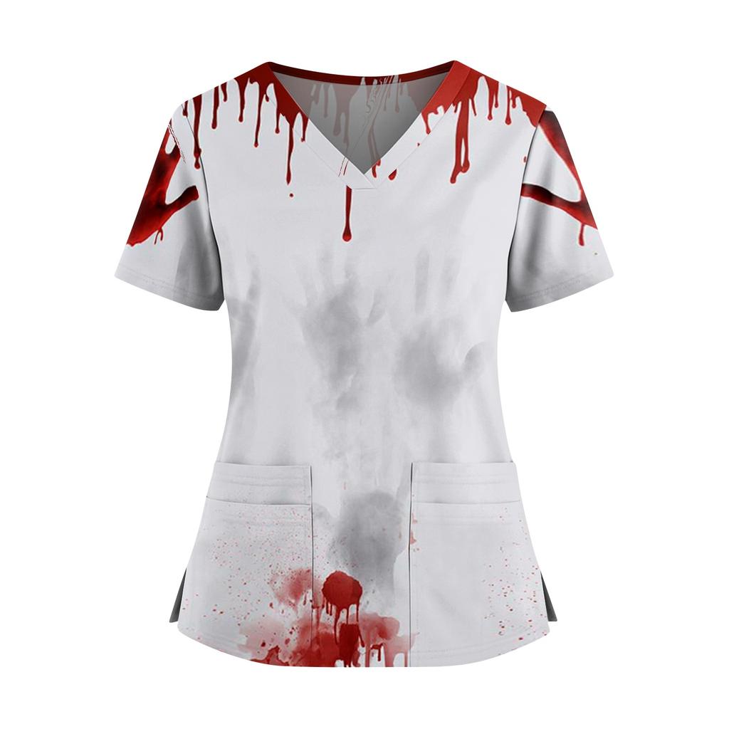 Women's V Neck Casual Halloween Print Top for Caregivers Short Sleeve Comfortable Fit Lightweight Fabric Workwear
